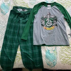 Kids size 10-12 Slytherin Green and Gray Kids Plaid Pajama Set